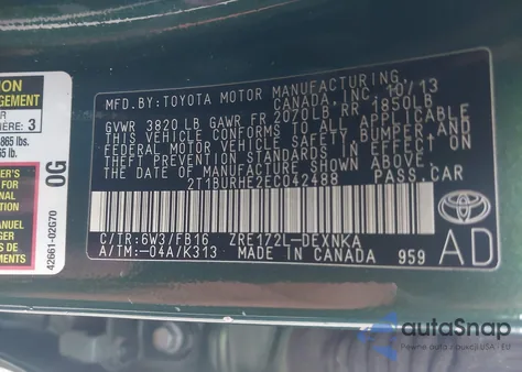 2014 Toyota Corolla Le from USA, damaged, VIN 2T1BURHE2EC042488